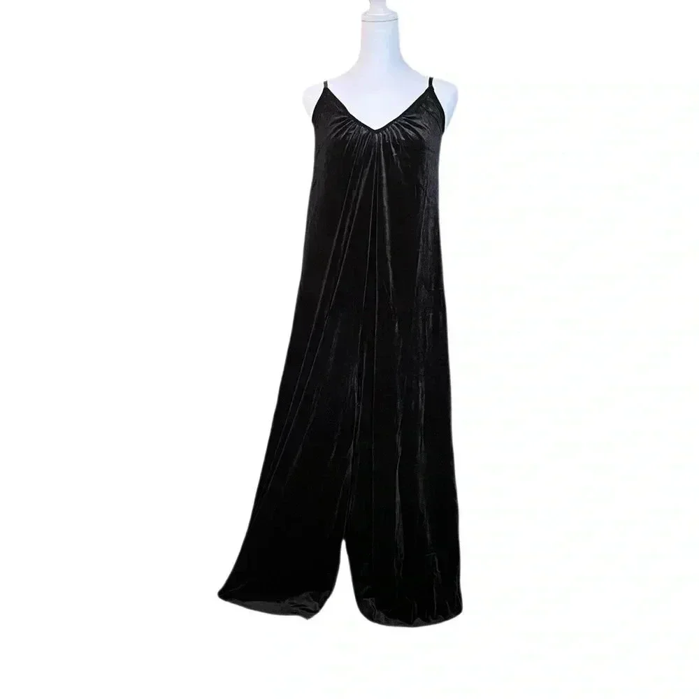 Agnes & Dora Black Velvet Gathered V Neck Jumpsuit Black
